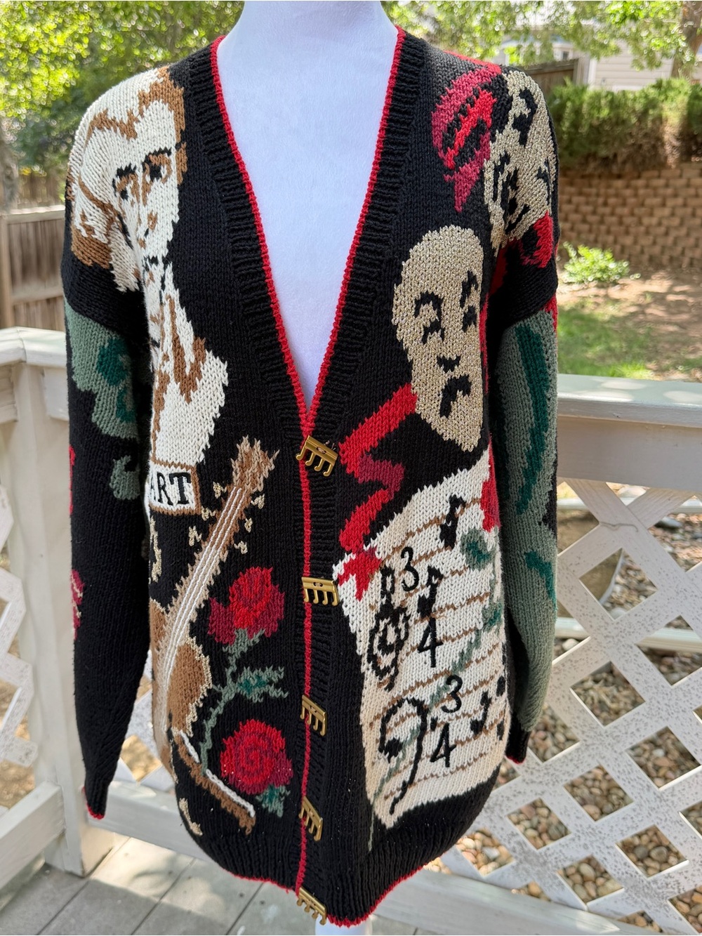 Vintage Belle Pointe Mozart Music Piano Opera Notes M Cardigan Teacher Black